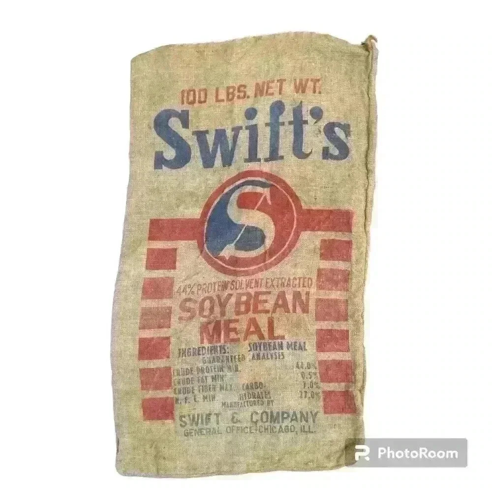 ANTIQUE SWIFT'S SOYBEAN MEAL CHICAGO IL 100 LBS LARGE BURLAP FEED SACK FARMHOUSE